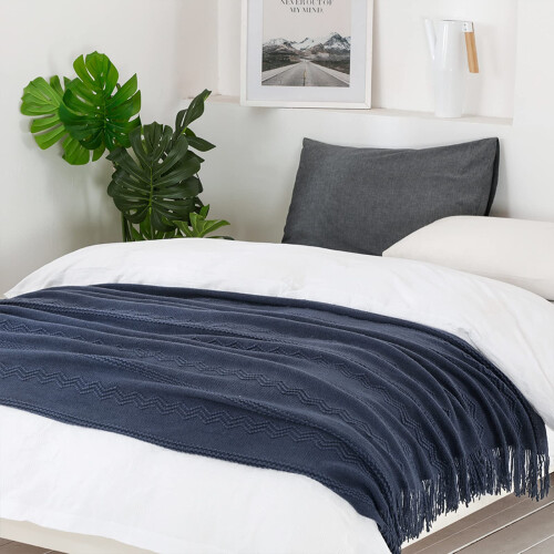 BOURINA Textured Solid Soft Sofa Throw Couch Cover Knitted Decorative Blanket, Navy, 152x203cm 2