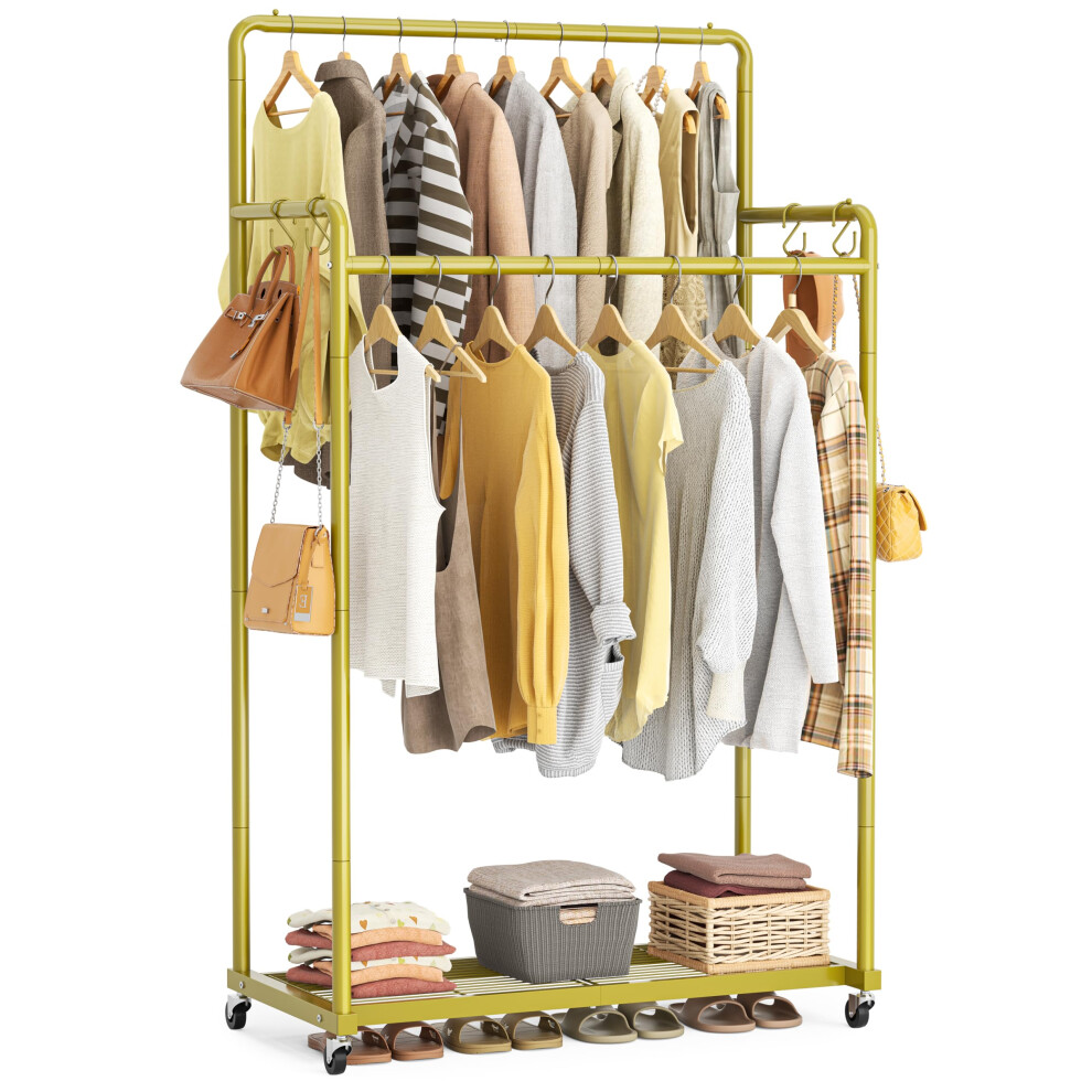 HOMIDEC Clothes Rail,Metal Clothes Rack with Hooks, Double Rads Heavy Duty Clothing Rail for Bedroom,Portable Clothing Rack Clothes Storage Shelf,Hol