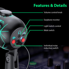 Condenser Microphone with RGB Lighting, Noise Reduction, Volume Control, Mute & Monitoring