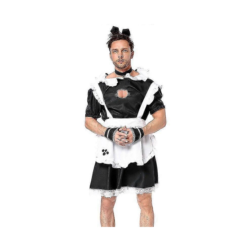 (XL) Adulte Homme Femme de Chambre Serveur Robe Sissy Costume Cosplay Noir Blanc Chat Kitty Patte Scène