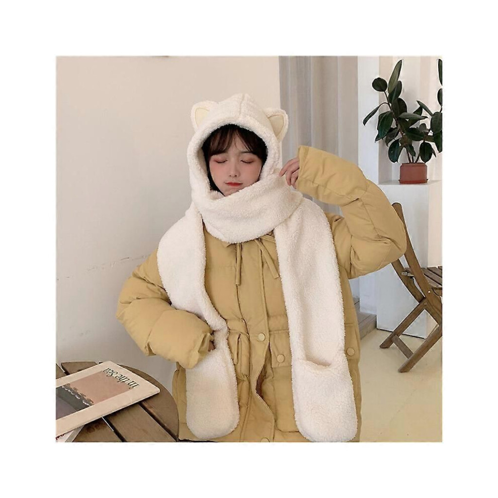 (Blanc) Ensemble 3 en 1 écharpe à capuche avec poches, chapeau, écharpe longue, gants, mignon pour oreilles