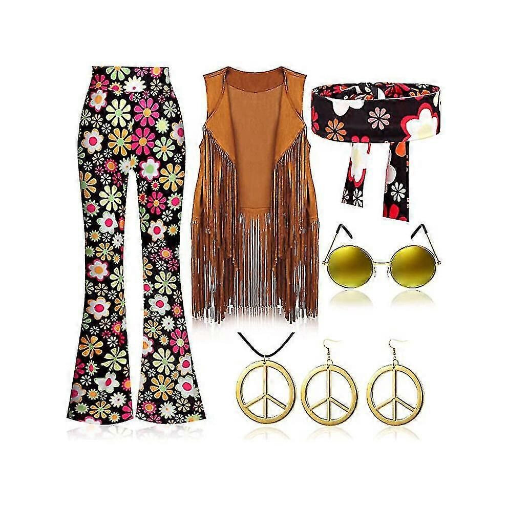 (noir-M) Costume rétro de fête hippie des années 70 avec gilet à pompons + pantalon + écharpe