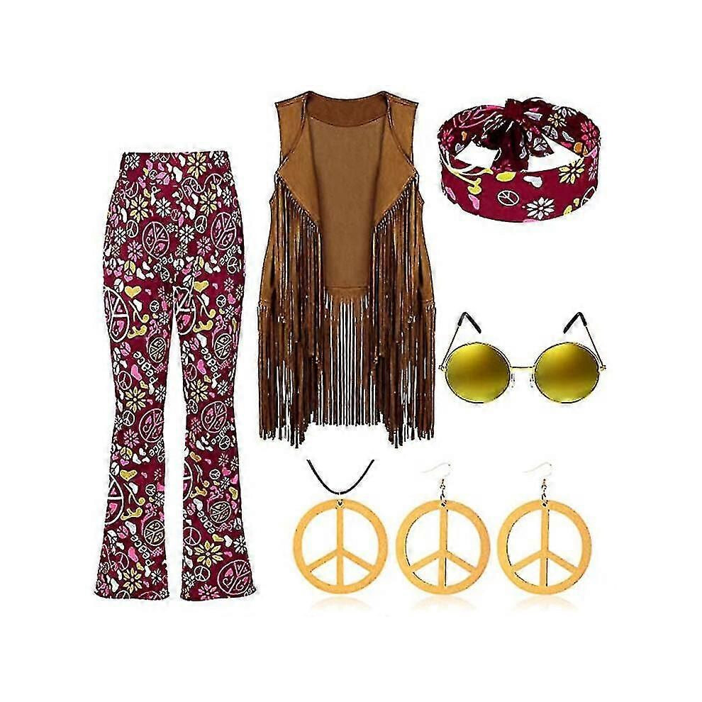 (Vin rouge-M) Costume rétro de fête hippie des années 70 avec gilet à pompons + pantalon + écharpe