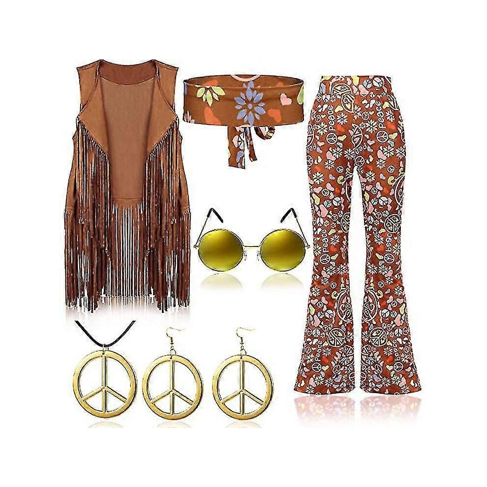 (Couleur camel-L) Costume rétro de fête hippie des années 70 avec gilet à pompons + pantalon + écharpe