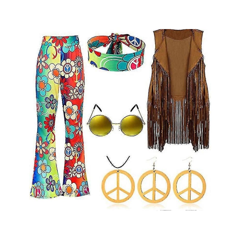 (Dégradé de couleurs-M) Costume rétro de fête hippie des années 70 avec gilet à pompons + pantalon +