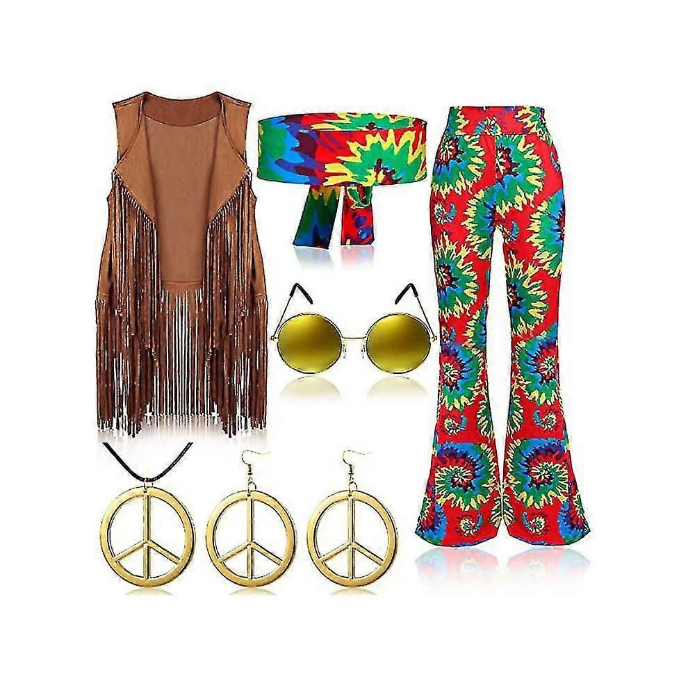 (dream-S) Costume rétro de fête hippie des années 70 avec gilet à pompons, pantalon et écharpe