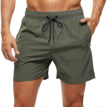 (L, Army Green) Men's Swimming Shorts With Zip Pockets Trunks Summer Swimwear Quick Dry_JKI10