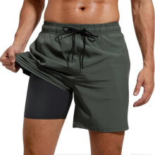 (XL, Compression Army Green) Men's Swimming Shorts With Zip Pockets Trunks Summer Swimwear Quick Dry_JKI10