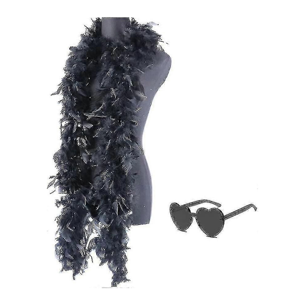 Boas en plumes (noir) avec lunettes de soleil sans monture en forme de cœur, 1,2 m, pour enterrement