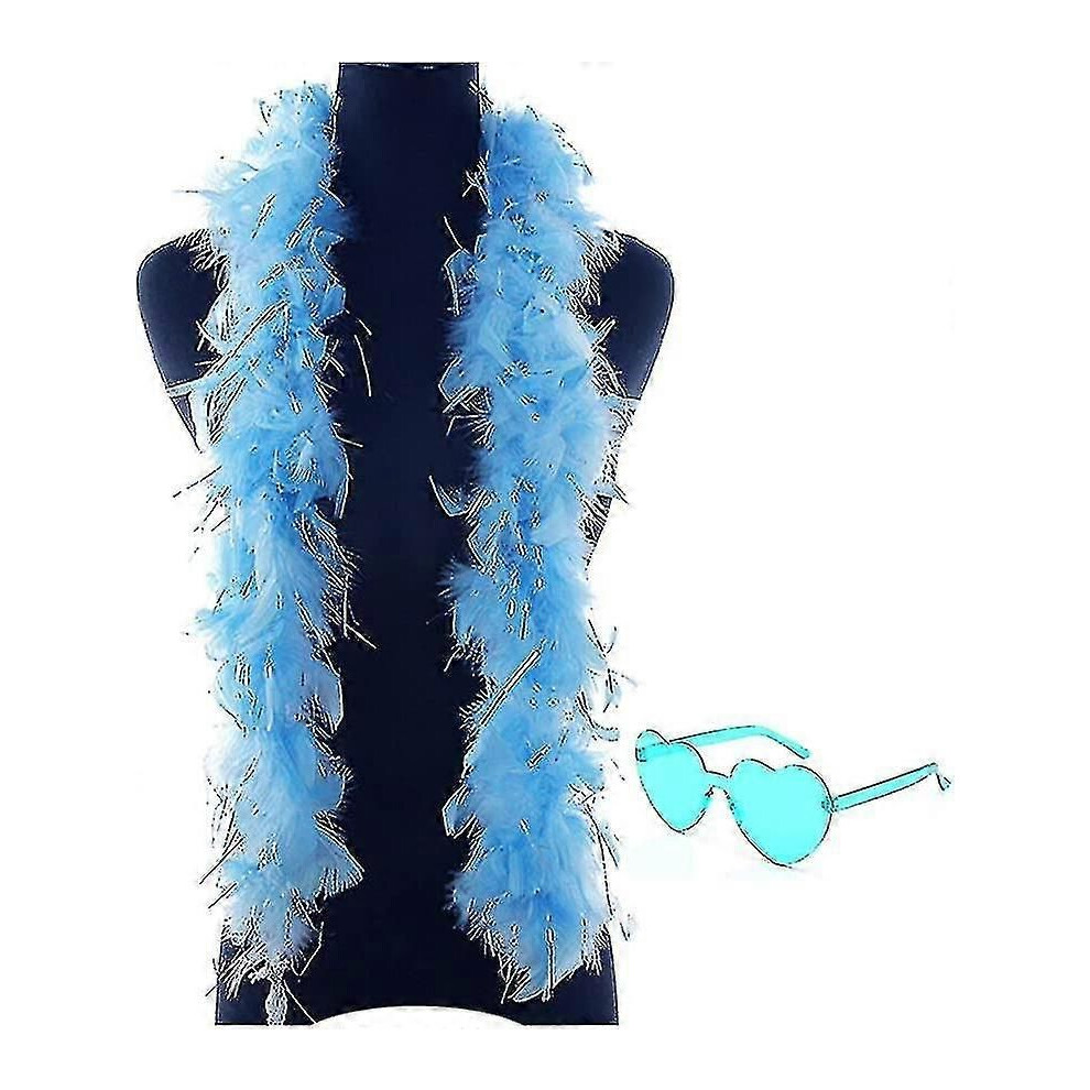 Boas en plumes (bleu) avec lunettes de soleil sans monture en forme de cœur, boa en plumes de 1,2 m