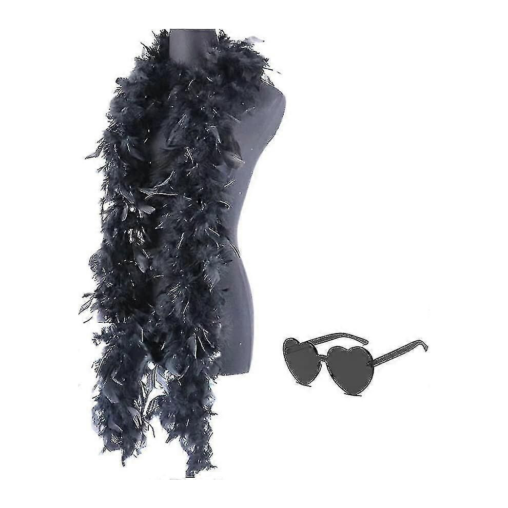 Boas en plumes (noir) avec lunettes de soleil sans monture en forme de cœur, boa en plumes Chandelle