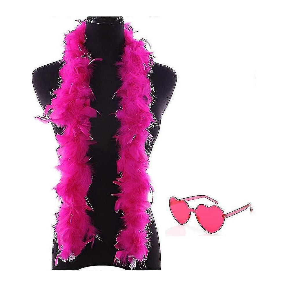Boas en plumes (rose vif) avec lunettes de soleil sans monture en forme de cœur, boa en plumes de 1,2