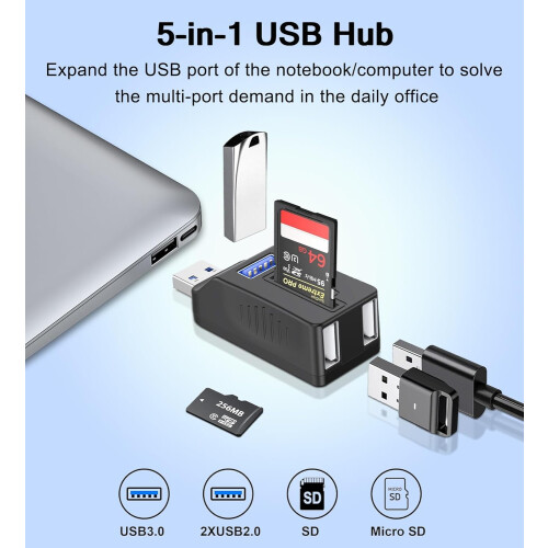 5-Port USB 3.0 Hub with SD TF Card Reader, USB Extender Adapter with Memory SD/Micro SD Card Reader(Silver) 1