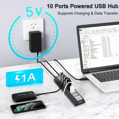 Powered USB Hub 2.0, 10-Port USB Hub USB Extender Splitter With Individual LED Indicator Light for PC(Black) 1