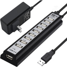 Powered USB Hub 2.0, 10-Port USB Hub USB Extender Splitter With Individual LED Indicator Light for PC(Black)