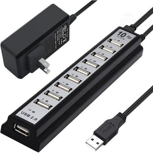 Powered USB Hub 2.0, 10-Port USB Hub USB Extender Splitter With Individual LED Indicator Light for PC(Black)