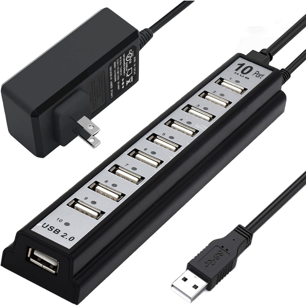 Powered Usb Hub 2.0, 10-Port Usb Hub Usb Extender Splitter With Individual Led Indicator For Pc(Black) Light/Black 6976918073037