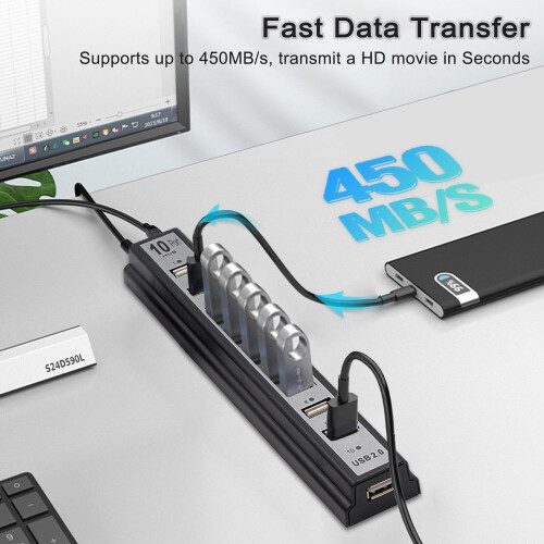 Powered USB Hub 2.0, 10-Port USB Hub USB Extender Splitter With Individual LED Indicator Light for PC(Black) 2