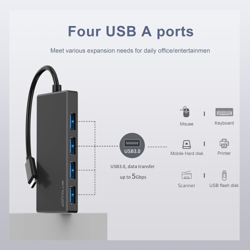 USB C Hub, 4 Ports USB 3.0 Hub Splitter with 5Gbps Data Transfer, USB C Splitter for Type C MacBook(Black) 2