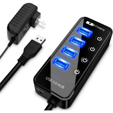 4-Port USB 3.0 Hub with 4 Data Ports, 1 Smart Charging Port, Individual Switches and 5V/3A Adapter(Black)