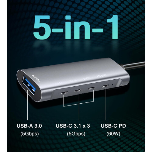 USB C Hub 5Gbps,Laptop Docking Station with 3 5Gbps USB-C Data, 1 5Gbps USB-A,and 1 PD 60W Comptible(Gray) 1