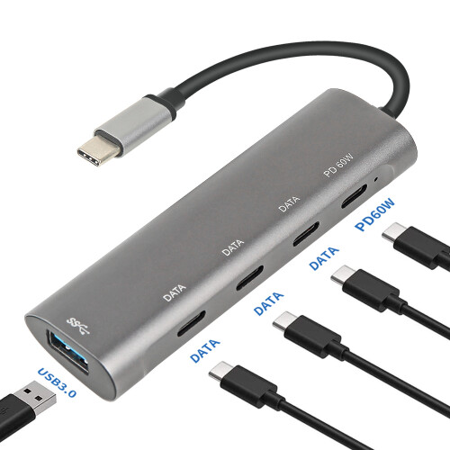 USB C Hub 5Gbps,Laptop Docking Station with 3 5Gbps USB-C Data, 1 5Gbps USB-A,and 1 PD 60W Comptible(Gray)