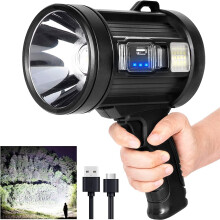 Rechargeable Spotlight, Handheld Hunting Flashlight Led Spot Light with Cob Light and Solar Panels(Black)