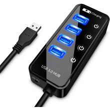 USB 3.0 Hub, 4 Ports Super Speed USB 3 Hub Splitter with On Off Switch with 1 USB Charging Port (Black)