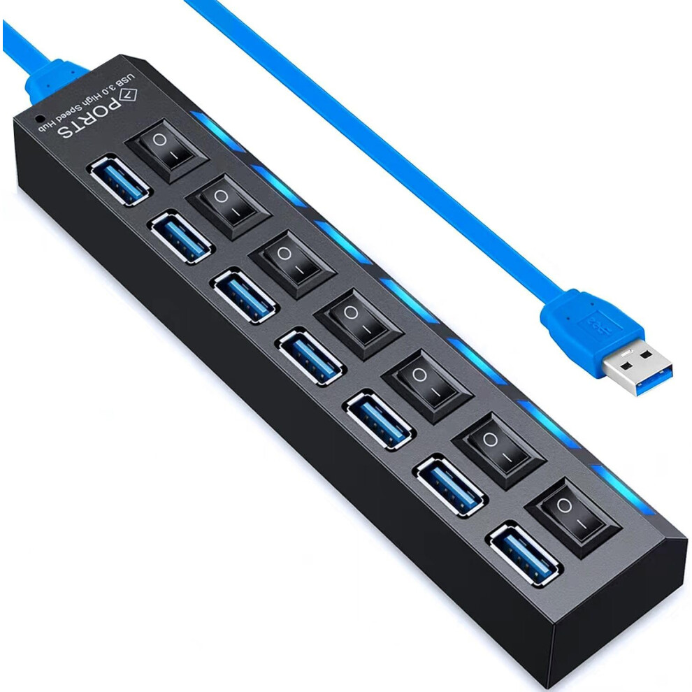 Usb Hub 3.0, 7-Port Usb Extender Splitter With Individual Led On/Off Switches, Usb3.0 Hub For Laptop(Black) Black 6976918073112