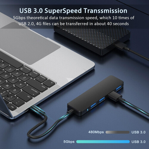 USB 3.0 Hub, 4-Port USB Hub USB Splitter USB Expander for Laptop, Flash Drive, HDD, Console, Printer(Black) 2