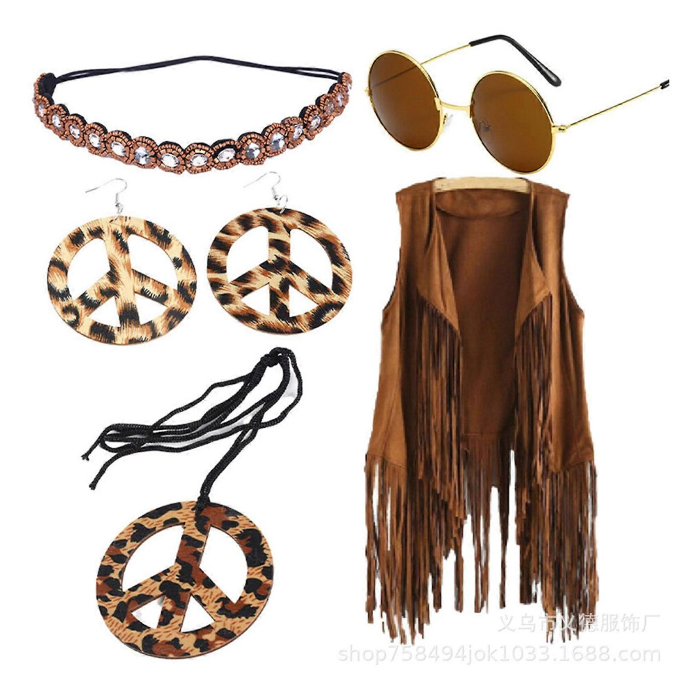 (A2) Costume hippie pour femme, signe de paix, boucles d'oreilles, collier, bandeau, franges, gilet,