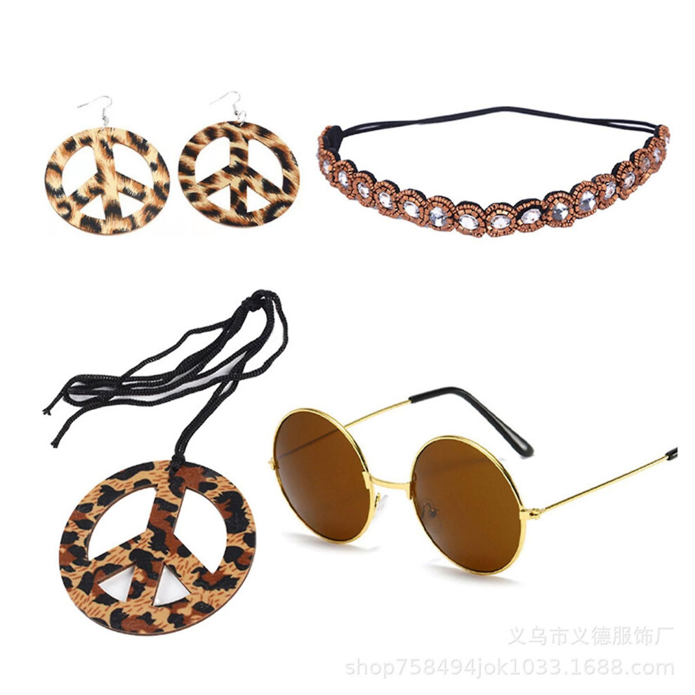 (C1)Costume hippie pour femme, signe de paix, boucles d'oreilles, collier, bandeau, franges, gilet,