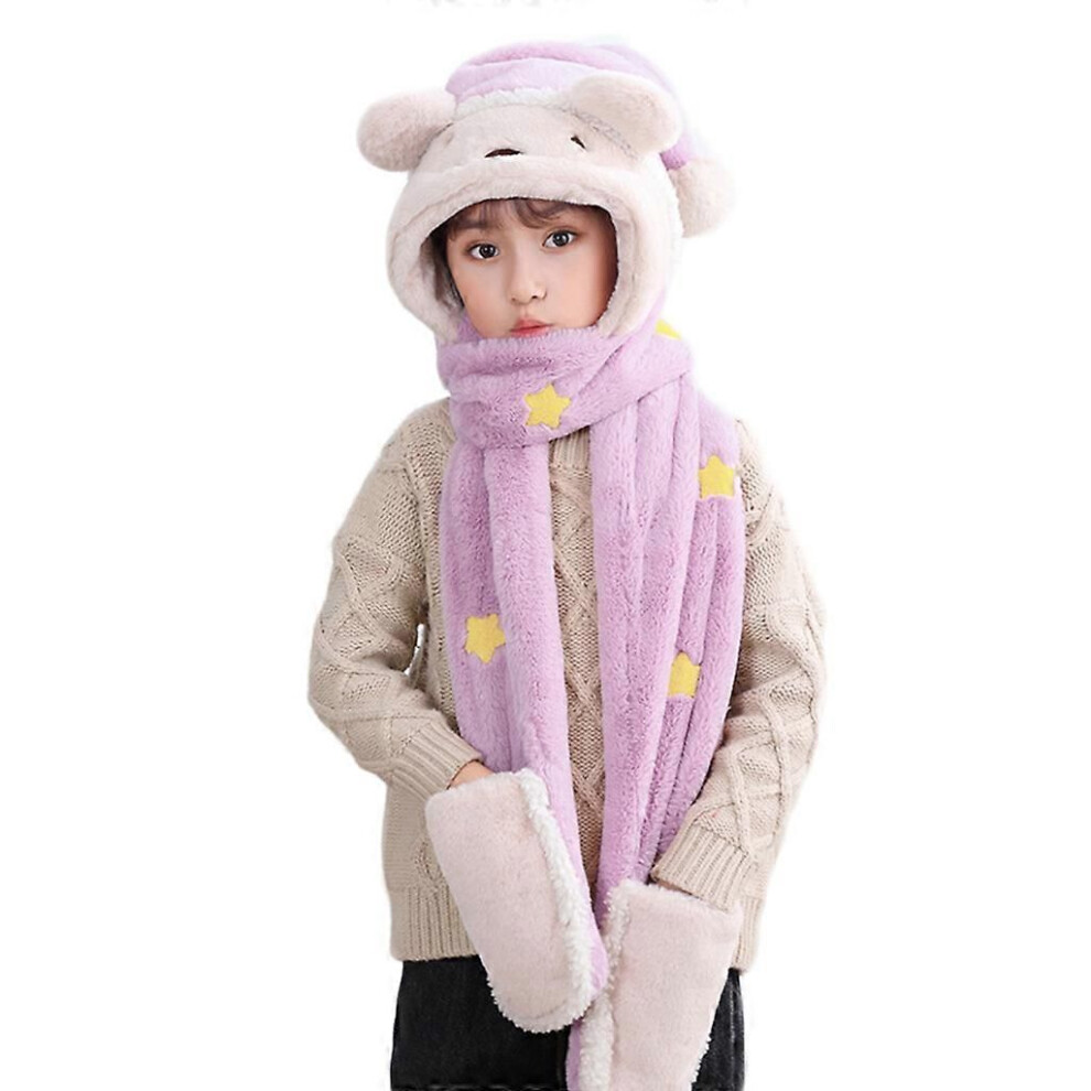 (Violet) Écharpe à capuche hiver pour chauffe-tête polaire hiver chapeau écharpe gants ensemble ours
