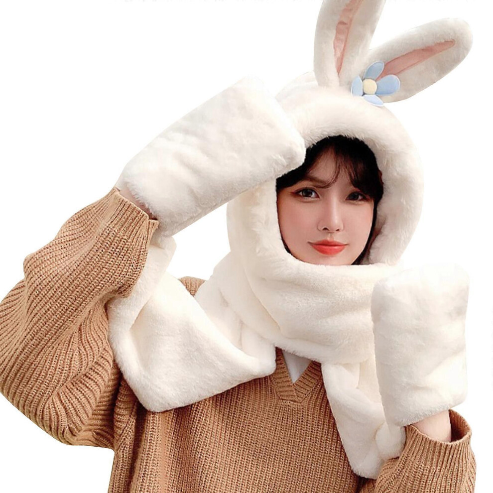 (Blanc lait)Écharpe à capuche Bonnet d'hiver Écharpe Gants Ensemble Une Pièce Écharpe pour Chauffe-tête