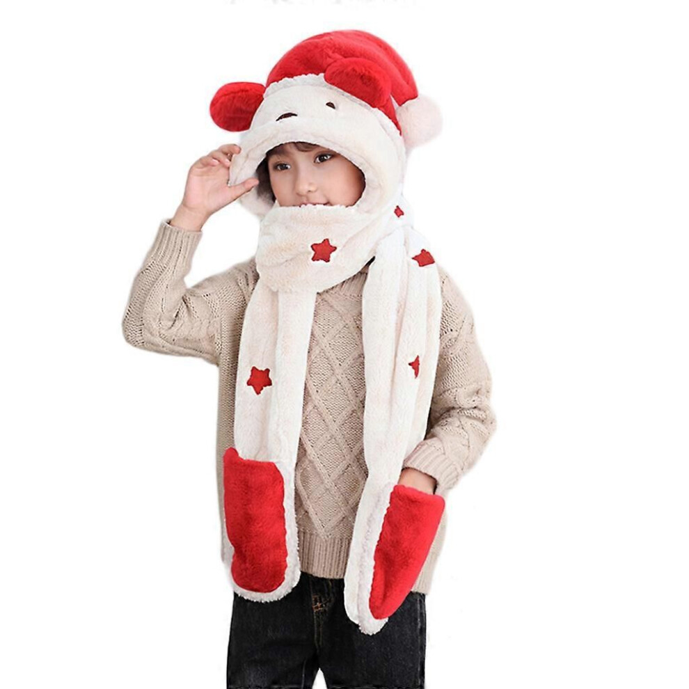 (Rouge) Écharpe à capuche hiver pour chauffe-tête polaire hiver chapeau écharpe gants ensemble ours