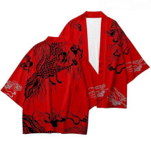 (4XL, red,black) 3D Dragon Print Fashion Japanese Cardigan Haori Men Traditional Asian Dress Cosplay Shirt Harajuku Beach Kimono