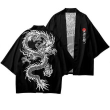 (5XL, black,white) 3D Dragon Print Fashion Japanese Cardigan Haori Men Traditional Asian Dress Cosplay Shirt Harajuku Beach Kimono
