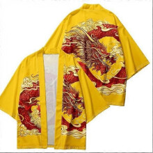 (3XL, yellow) 3D Dragon Print Fashion Japanese Cardigan Haori Men Traditional Asian Dress Cosplay Shirt Harajuku Beach Kimono