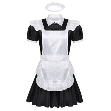 (2XL-Schwarz) Männer Sissy Maid Cosplay Kostüm Outfit Kleid mit Schürze und Stirnband