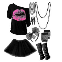 (XXXL-Schwarz) Neon Damen Outfit für 80er und 90er Jahre Mottoparty Kostüme mit neuen Accessoires