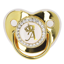 Baby Pacifier Infant Portable Golden Crown Letter A Rhinestone with Chain Clip