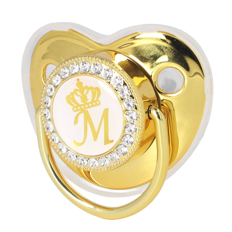 Ergonomic Rhinestone Crown Baby Pacifier With Letter M Clip Included Golden