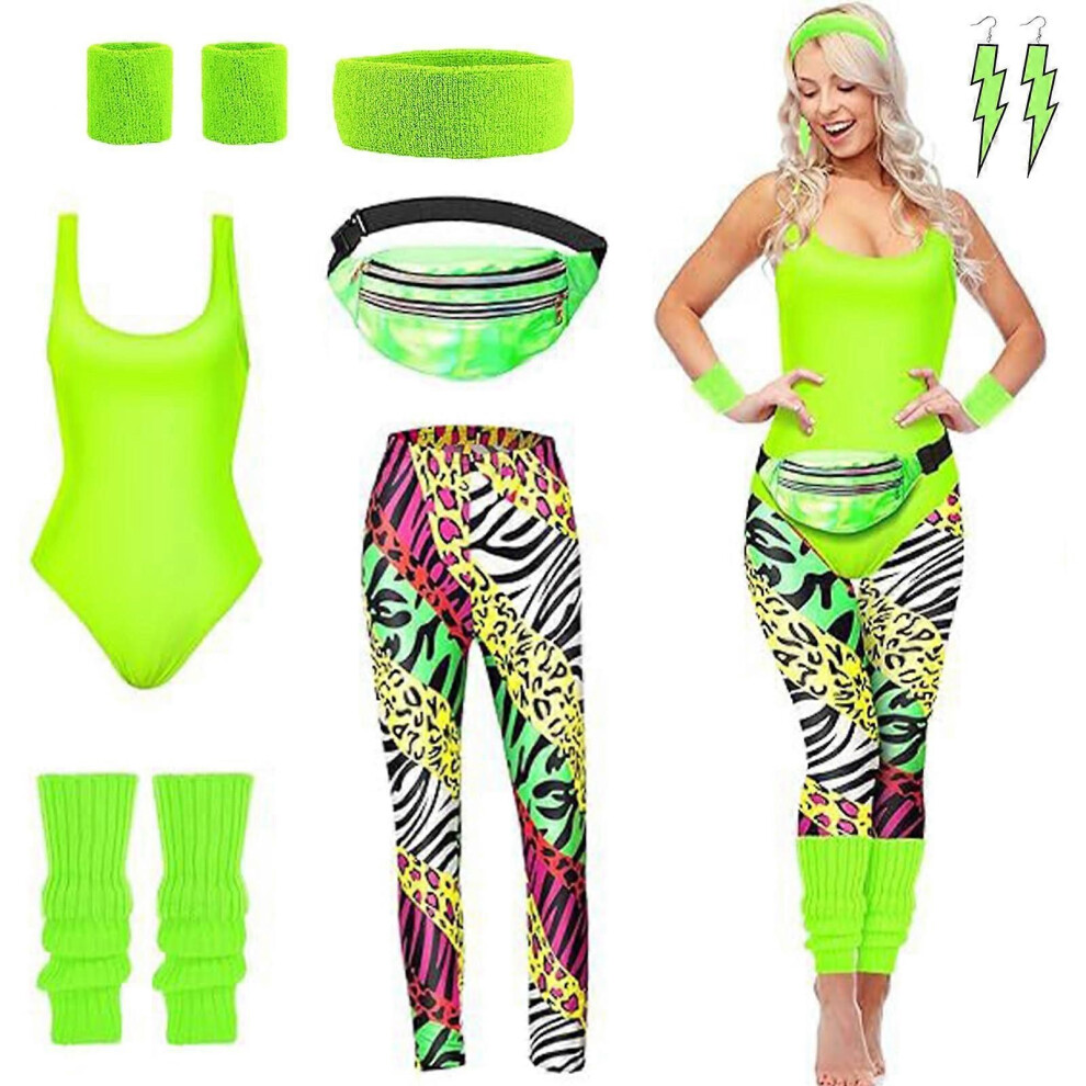 (L-Vert) Ensemble de costumes de fête 7 pièces pour femme des années 80 avec accessoires