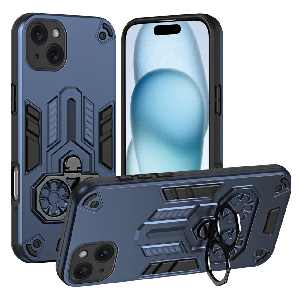 (Navy ) For Iphone 15 Plus Case Ring Holder Kickstand Pc + Tpu Shockproof Phone Cover Blue 6914291284374