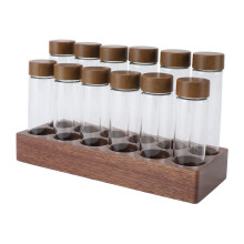 Set di 12 tubi di vetro per caffè con supporto in noce 21.5x3cm