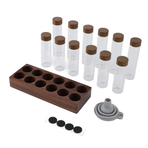 Set di 12 tubi di vetro per caffè con supporto in noce 21.5x3cm 2