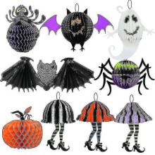 9pc Halloween Honeycomb Ball Pendants Foldable Paper Pumpkin Bat Spider Hanging Decor Party Home Mall Props,ssxjv