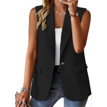 (Large, Black) Sleeveless Blazer Jackets For Women Solid Color Open Front Women Blazer Vest Casual Lapel Cardigan With Pockets
