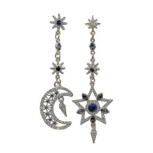 1 Pair Vintage Crystal Moon Star Pendant Earrings Blue Gemstone Long Dangle