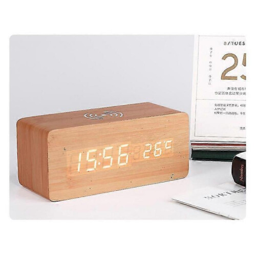 Wooden Alarm Clock Three Speed Dimming Alarm Clock with Wireless Charging Function Alarm Clock Wooden Led Clock